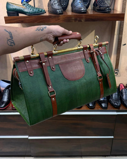 Green And Brown Duffle Bag With Zip Lock
