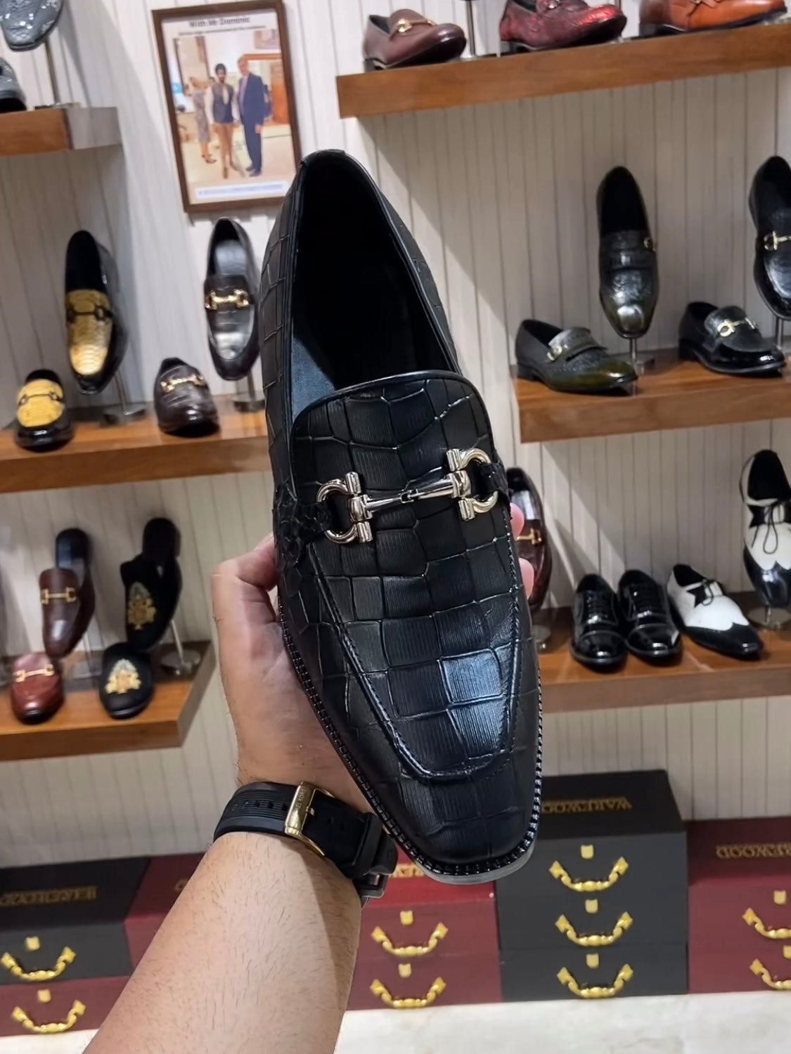 Charcoal Black Crocodile Scaled Moccasins