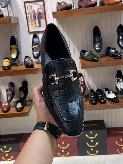 Charcoal Black Crocodile Scaled Moccasins