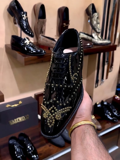 Black Patent Gold Embroidery Oxfords