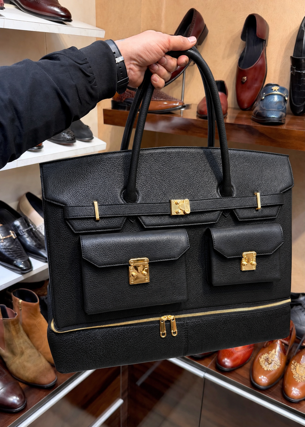Black Full Grain Leather Travel Bag with Bottom Shoe Compartment