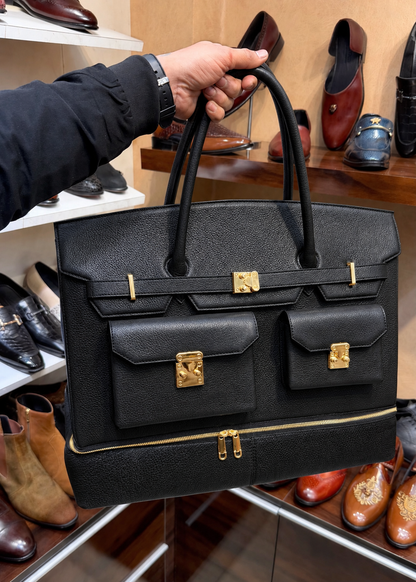 Black Full Grain Leather Travel Bag with Bottom Shoe Compartment