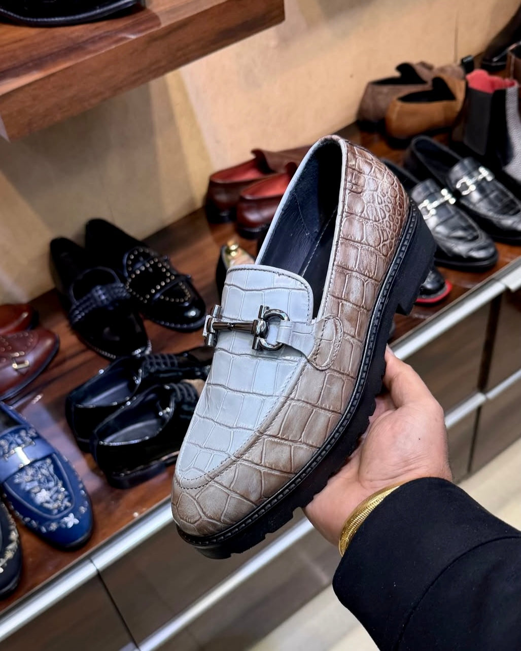 Exotic White & Brown Crocodile Scaled Lug Sole Loafers