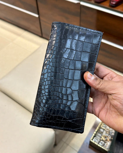 Black Crocodile Scaled Long Wallet