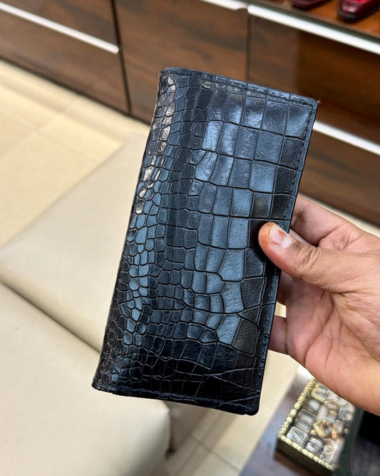 Black Crocodile Scaled Long Wallet