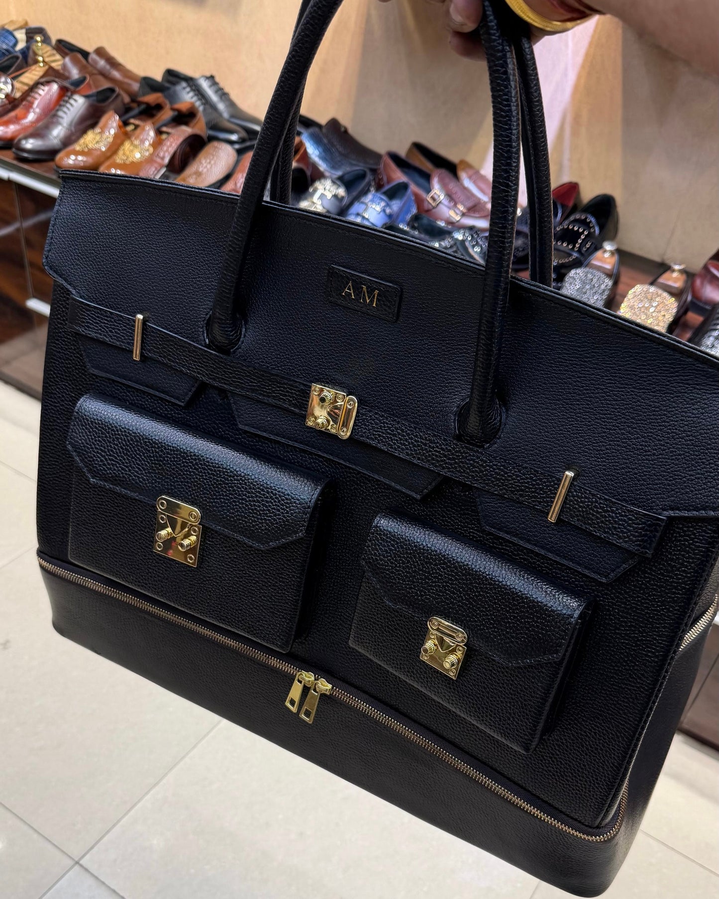 Black Full Grain Leather Travel Bag With Bottom Shoe Compartment