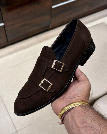 Brown Suede Double Monk Strap Loafers