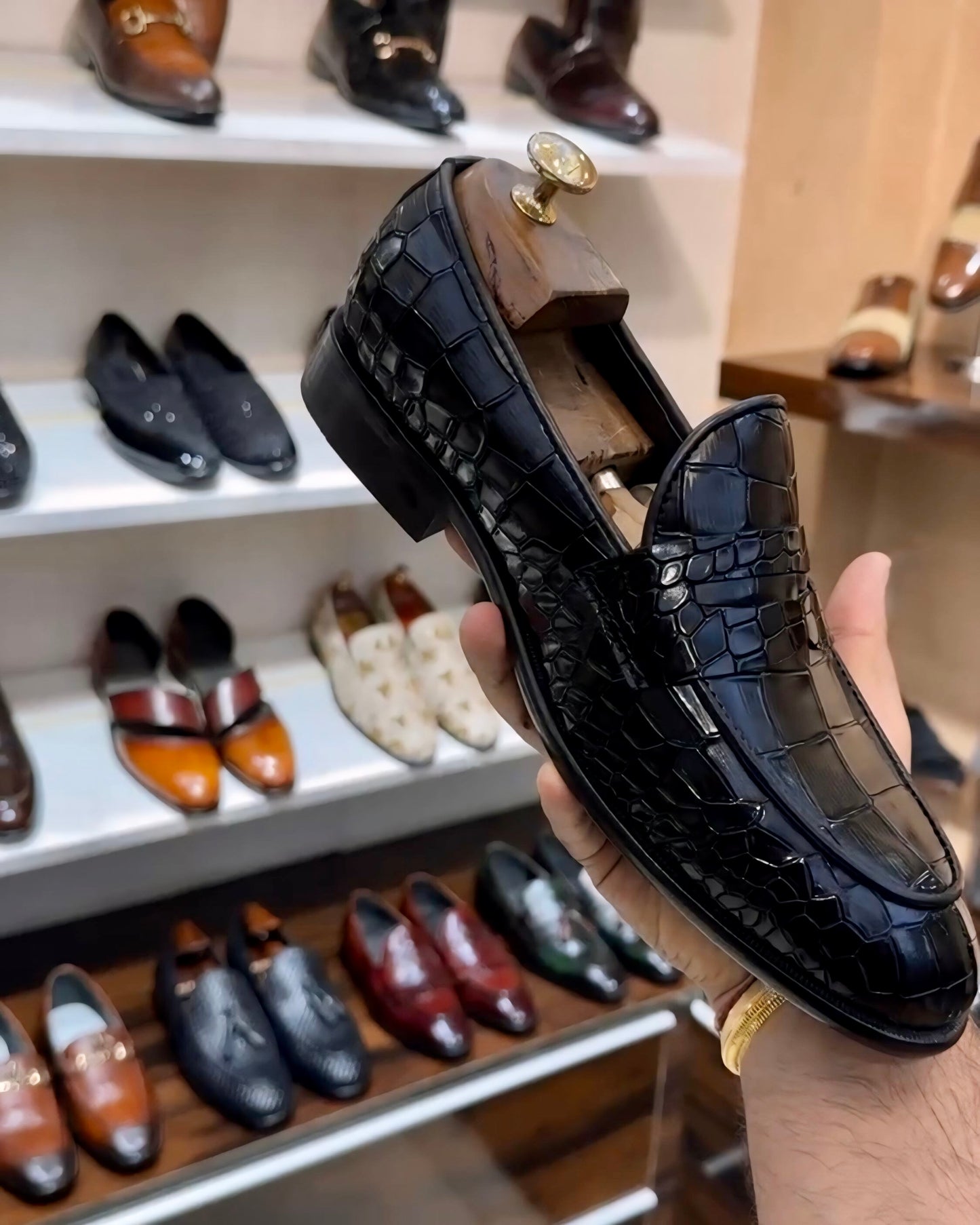 Classic Black Crocodile Scaled Penny Loafers