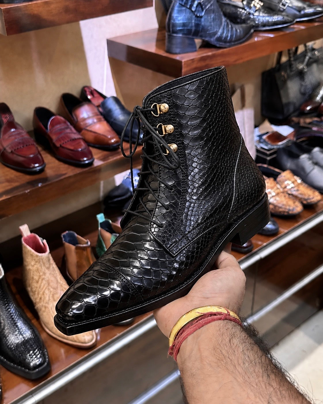 Goodyear Welted Black Cobra Scaled Derby Cap Toe Boots
