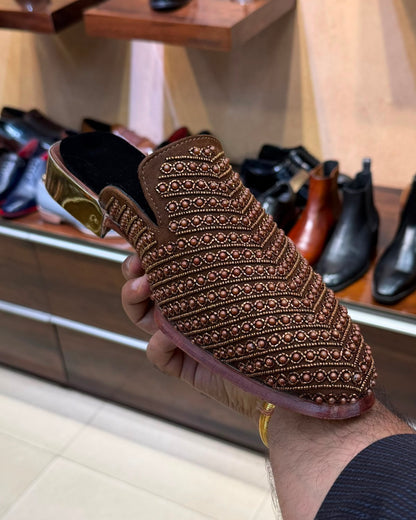 Brown Suede Hand-embroidered Mules With Gold Heel