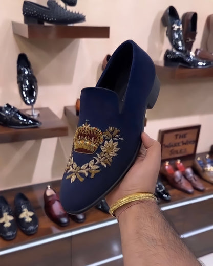 Navy Suede Crown Embroidery Slip-ons