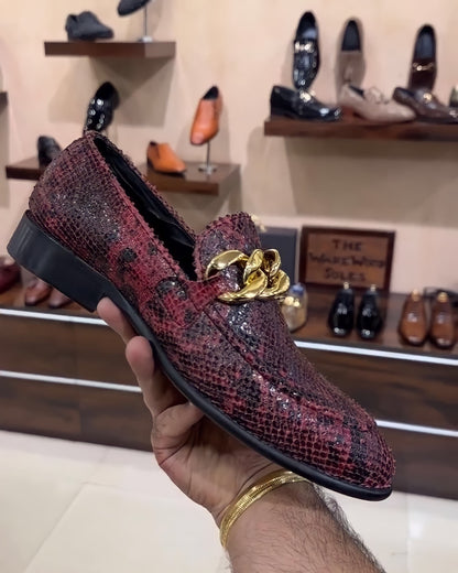 Exotic Red-black Snake Moccasins with Gold Chain Buckle