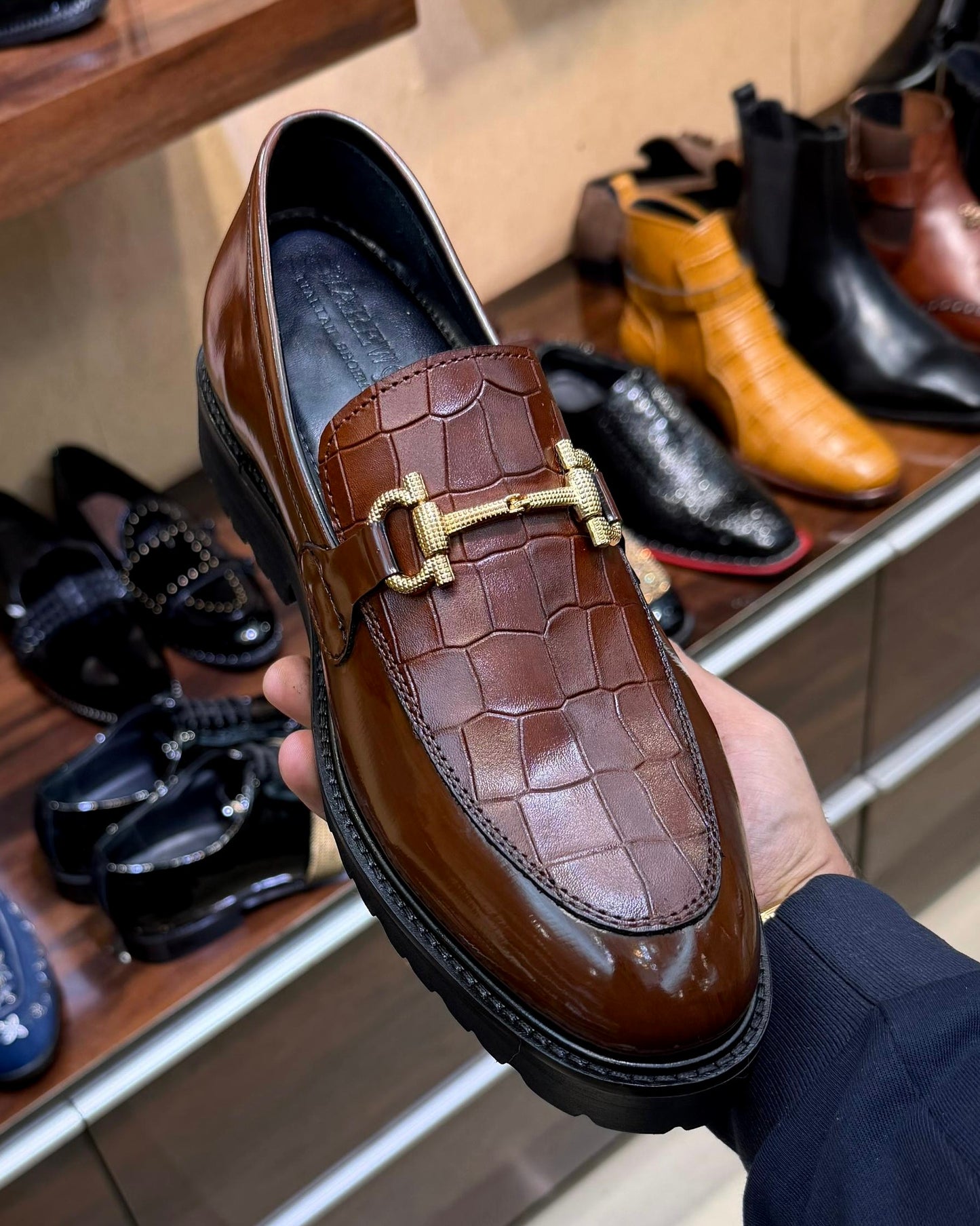 Warm Walnut Brown Croco Textured Horsebit Loafers with Lug Sole