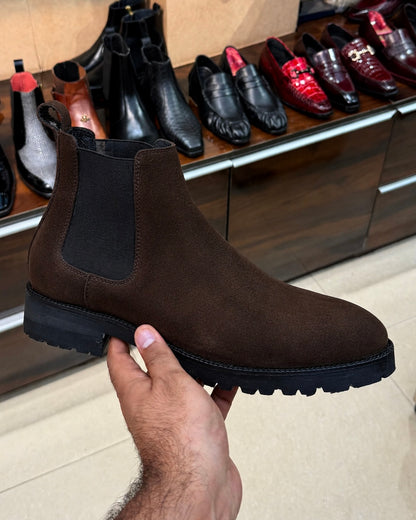 Chunky Dark Brown Suede Lug Sole Chelsea Boots