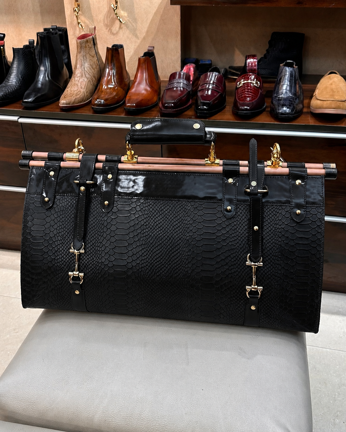 Black Cobra Scaled Duffle Bag With Copper Pipe