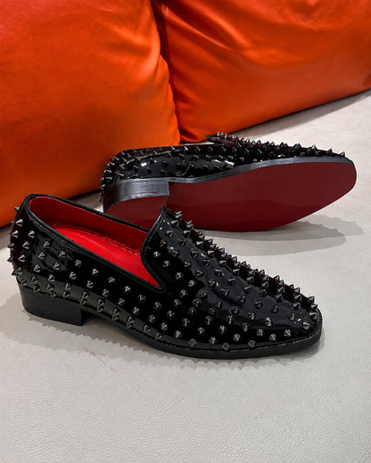 Black Patent Leather Studded Loafers with Red Lining & Red Bottoms