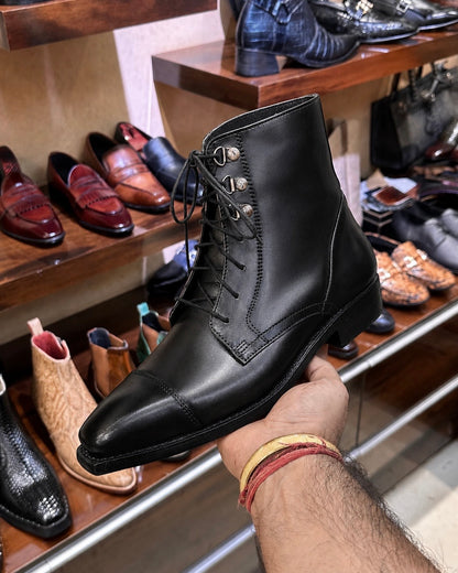 Goodyear Welted Black Calfskin Leather Derby Cap Toe Boots