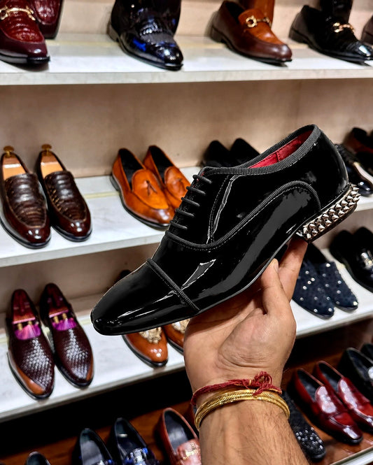 Black Patent Leather Silver Studded Heel Tux Oxfords