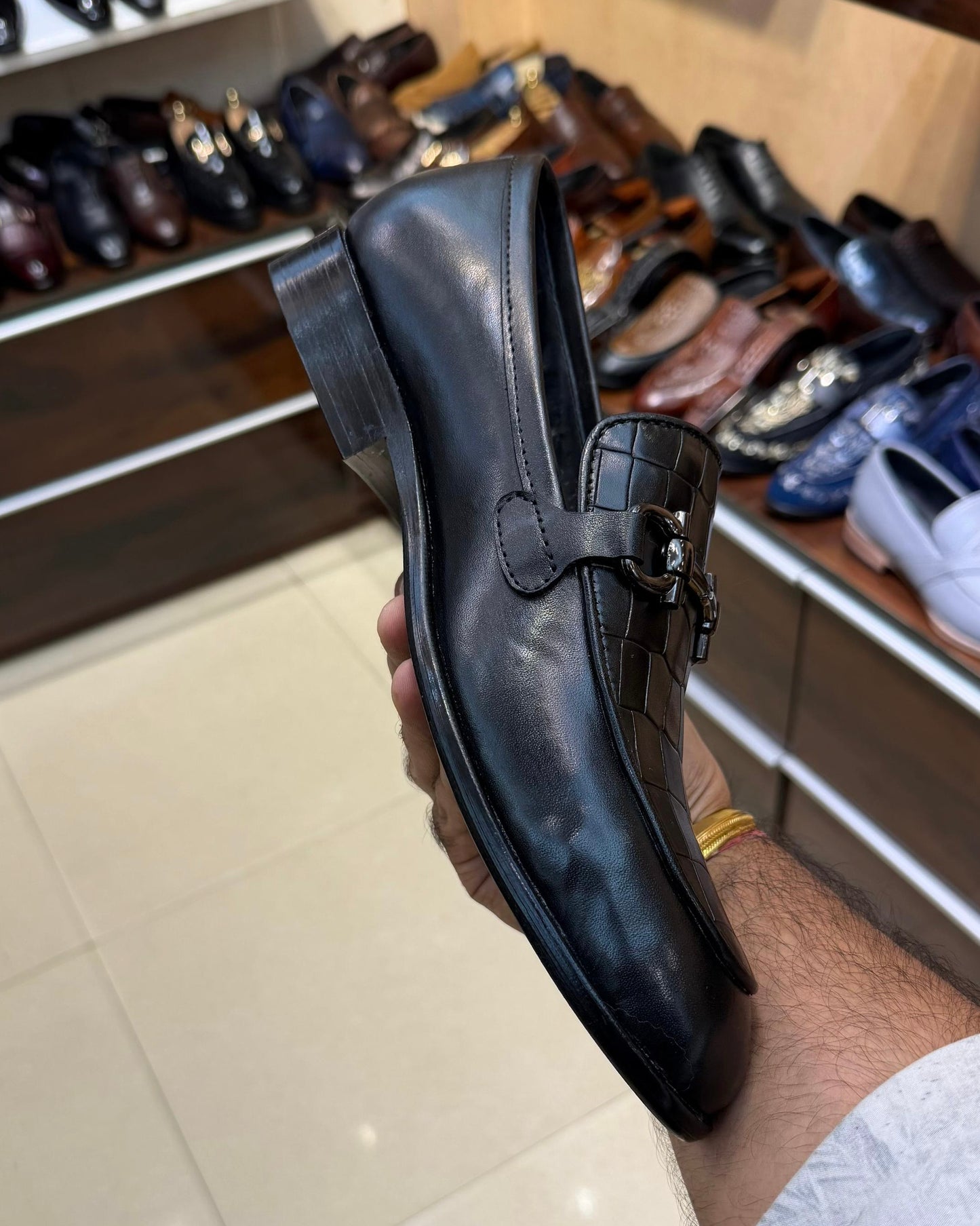 All Black Crocodile Scaled Gunmetal Horsebit Loafers