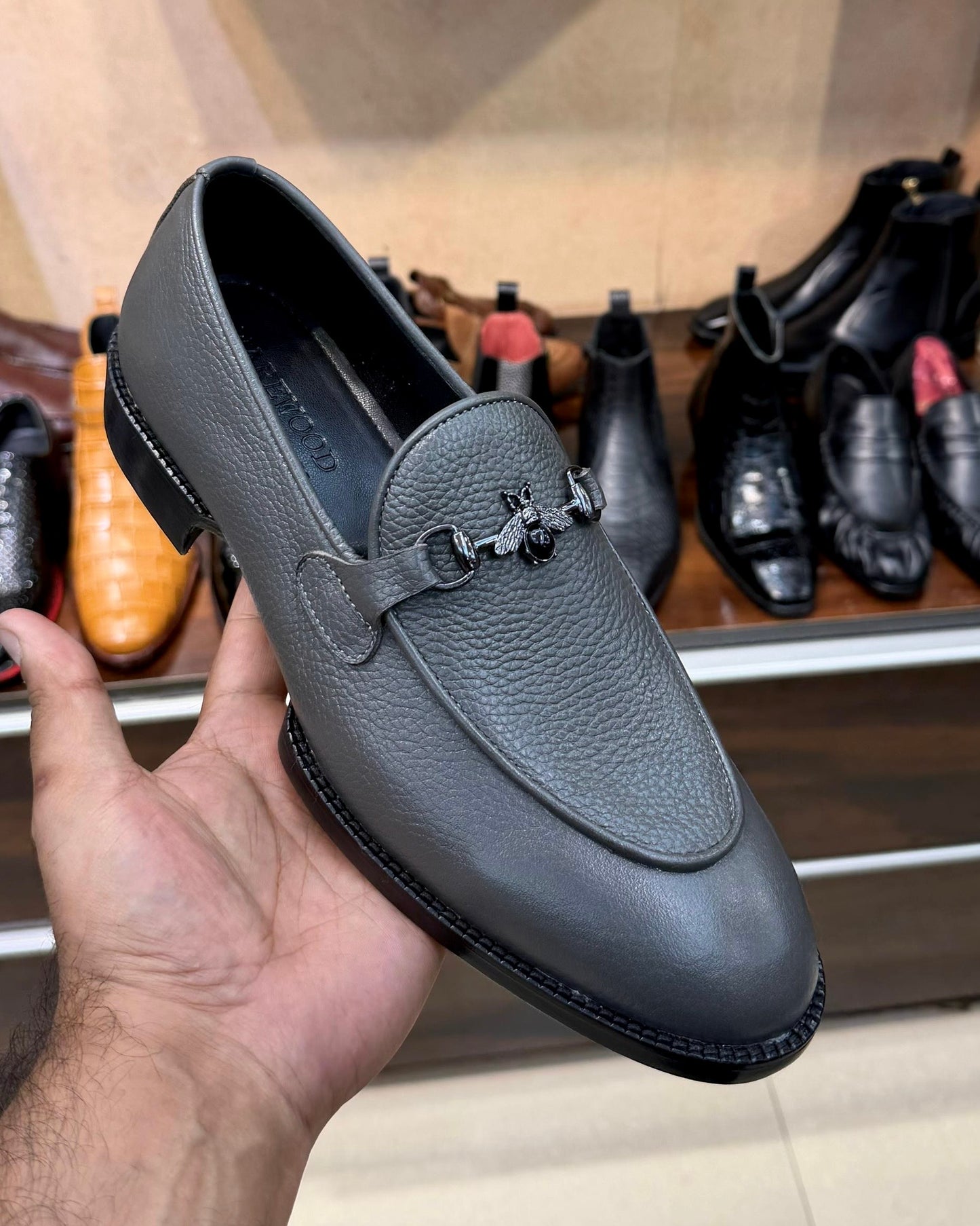 Grey Full Grain Leather Horsebit Loafers