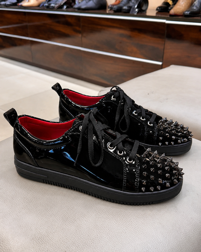 Black Patent Leather Studded Toe Sneakers With Red Interior