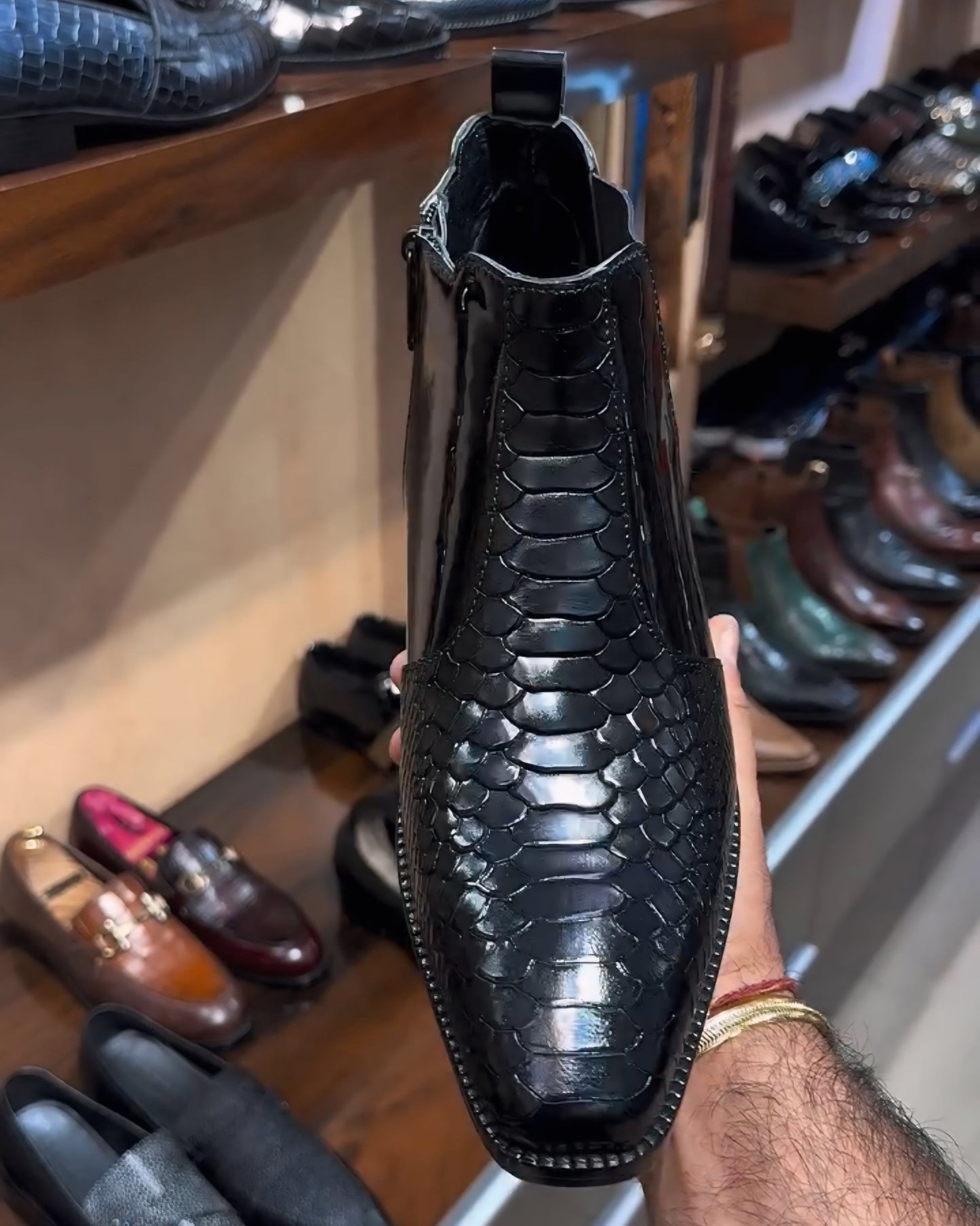 Black Mirror Gloss Cobra Scaled Low-top Zip Boots