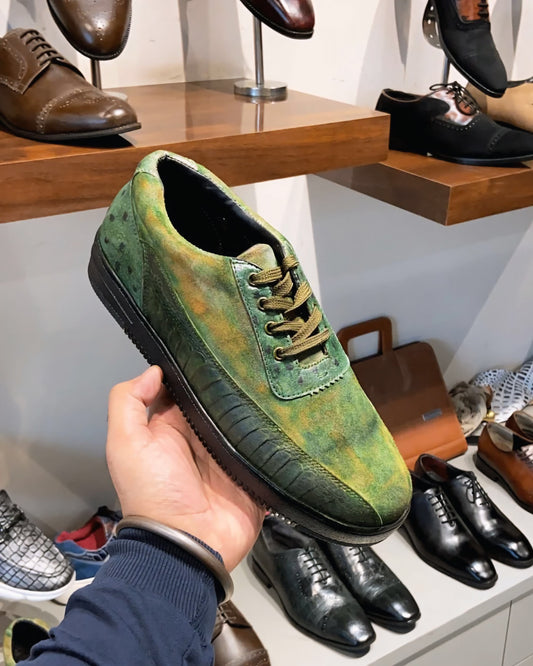 Green Suede Ostrich Lace-up Sneakers