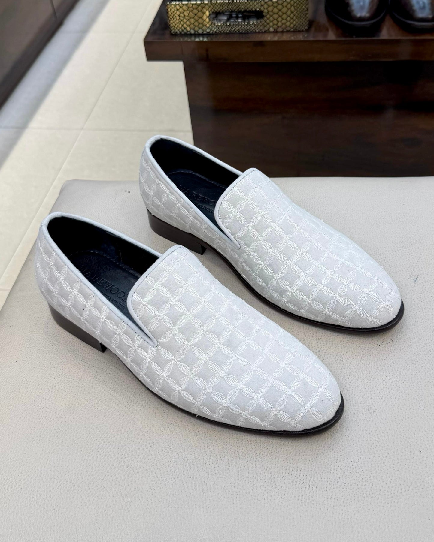 White Velvet Floral Embroidery Loafers