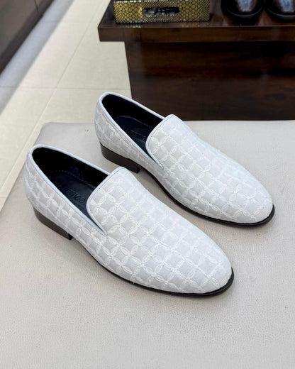 White Velvet Floral Embroidery Loafers