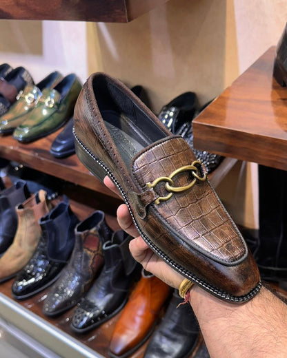 Mettalic Brown Crocodile Scaled Moccasins