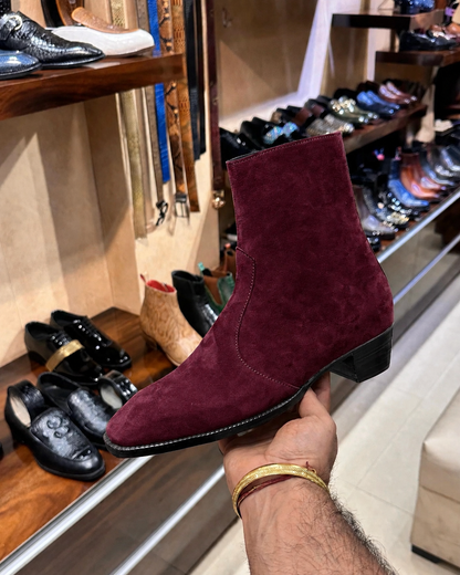 High-top Burgundy Suede Boots With Cuban Heel