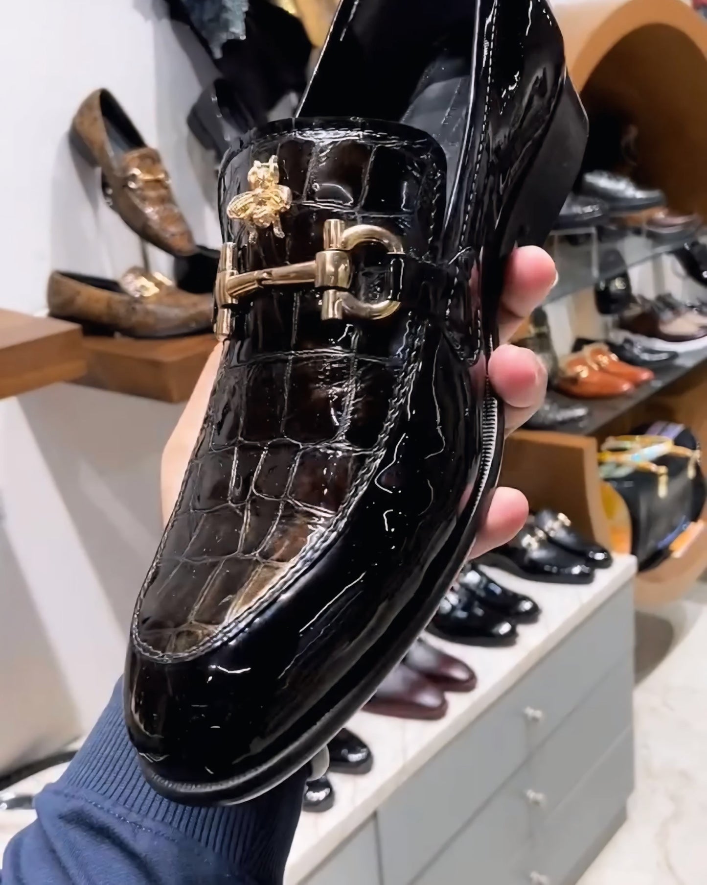 Luxe Edition Smokey Patent-Croc Moccasins with Bee