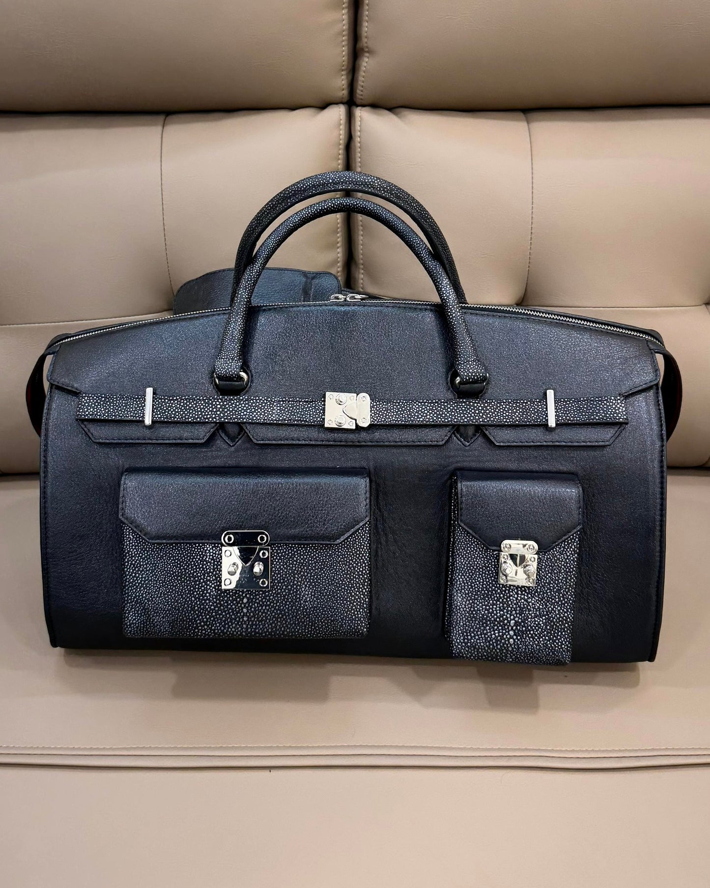 Black Full Grain Leather & Grey Stingray Scaled Leather Duffle Bag