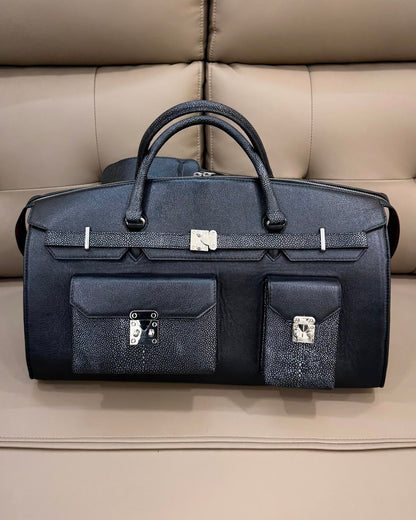 Black Full Grain Leather & Grey Stingray Scaled Leather Duffle Bag