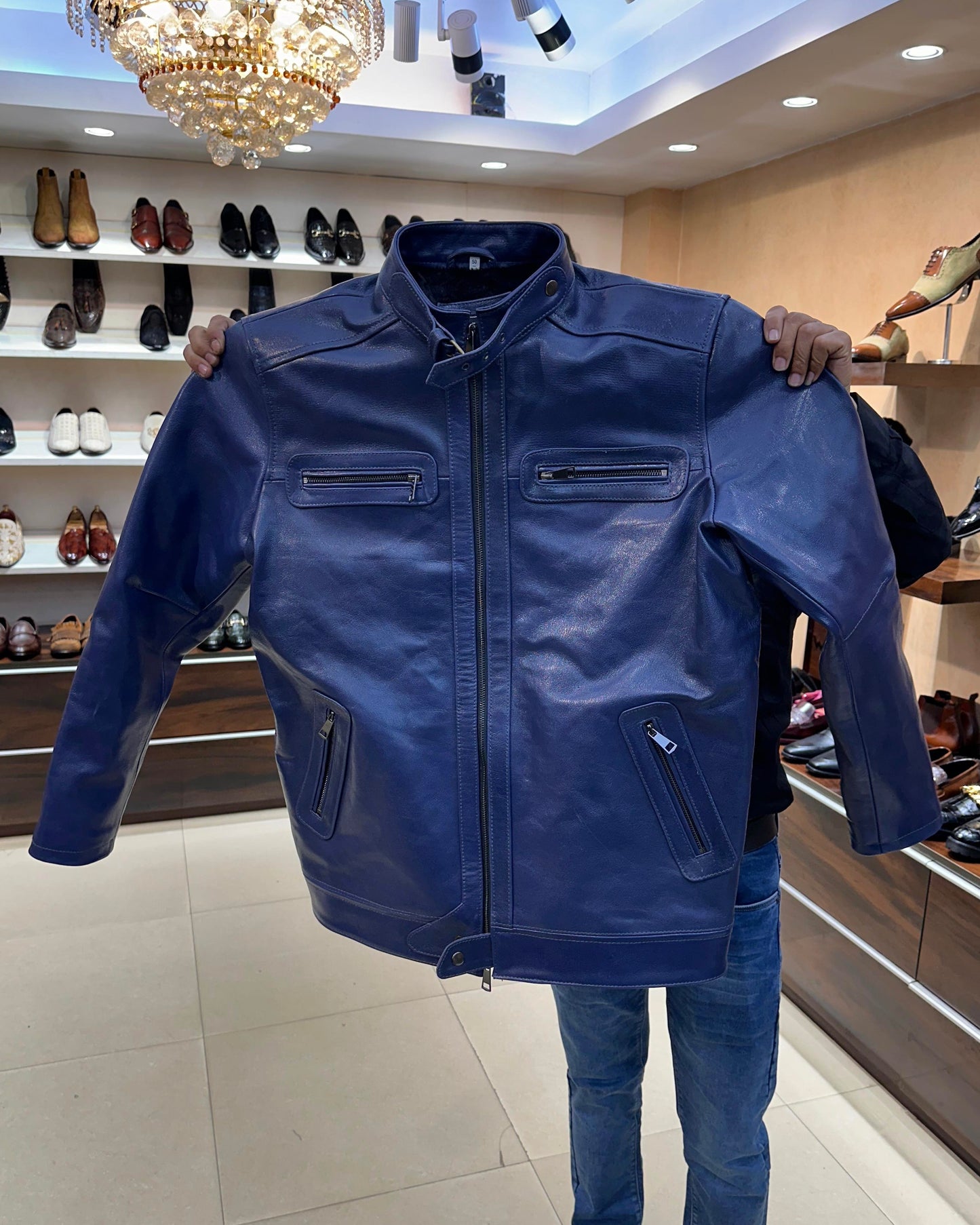 Custom Navy Blue Goat Skin Leather Jacket