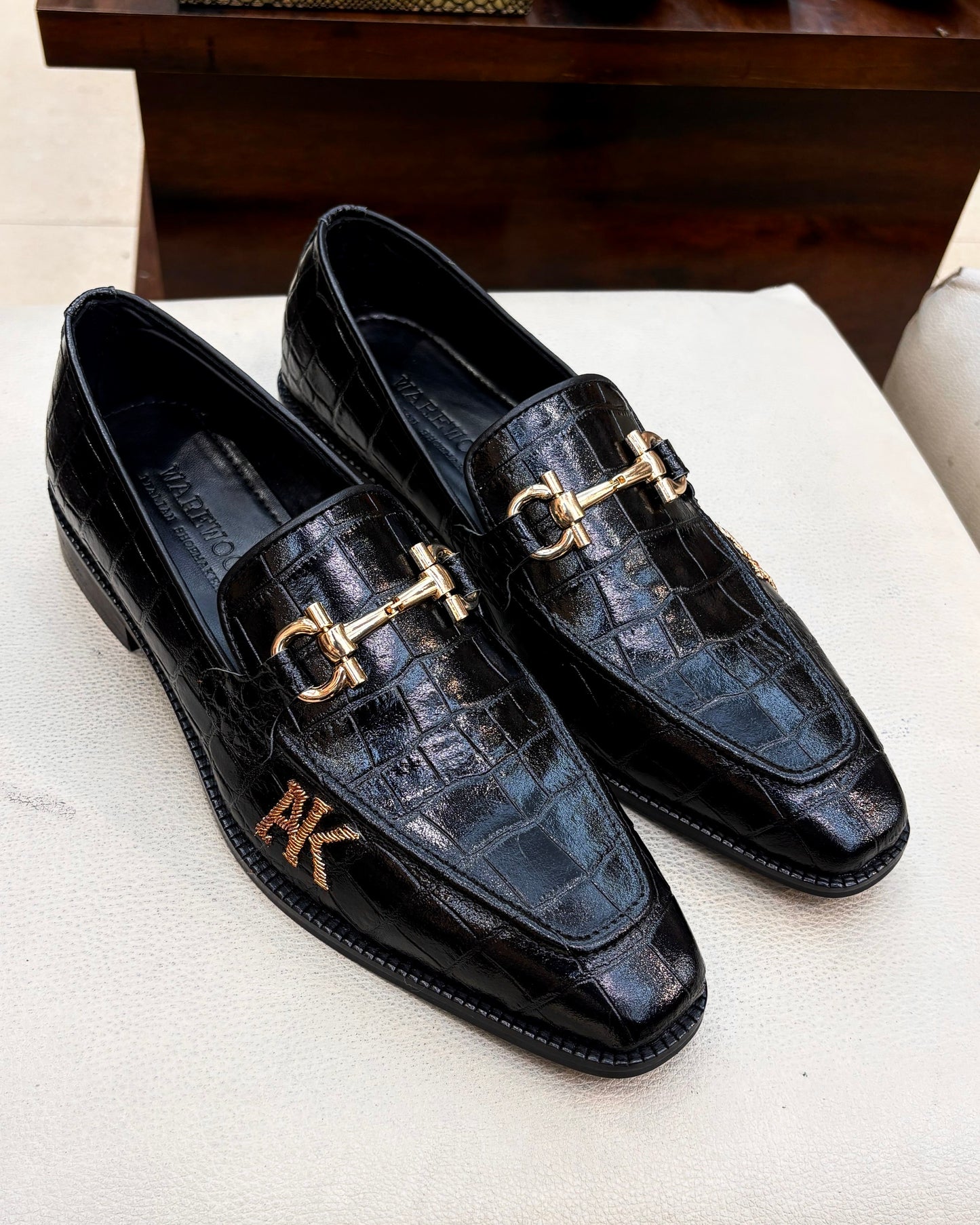 Black Italian Smooth Croco Gold Horsebit Loafers with “AK” Initials