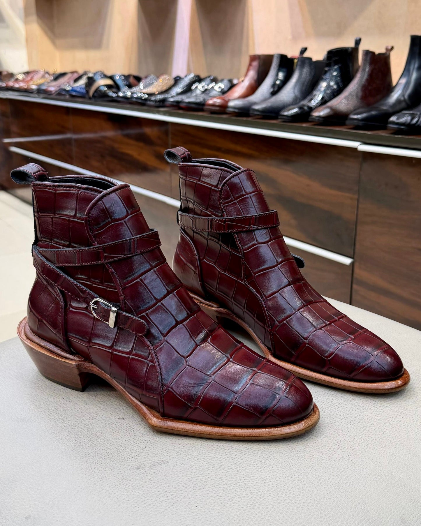 Burgundy Crocodile Scaled Jodhpur Boots with Cuban Heel