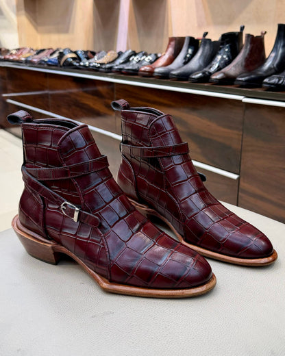 Burgundy Crocodile Scaled Jodhpur Boots with Cuban Heel