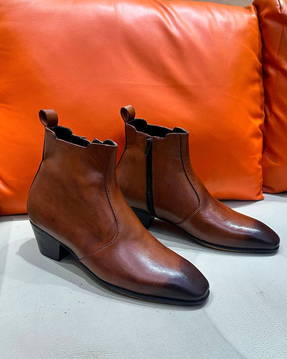 Tan Patina Cuban Heel Zip Boots
