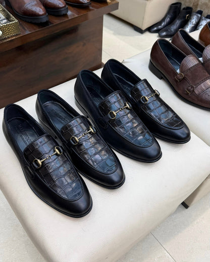 Jet Black Italian Crocodile Scaled Horsebit Loafers