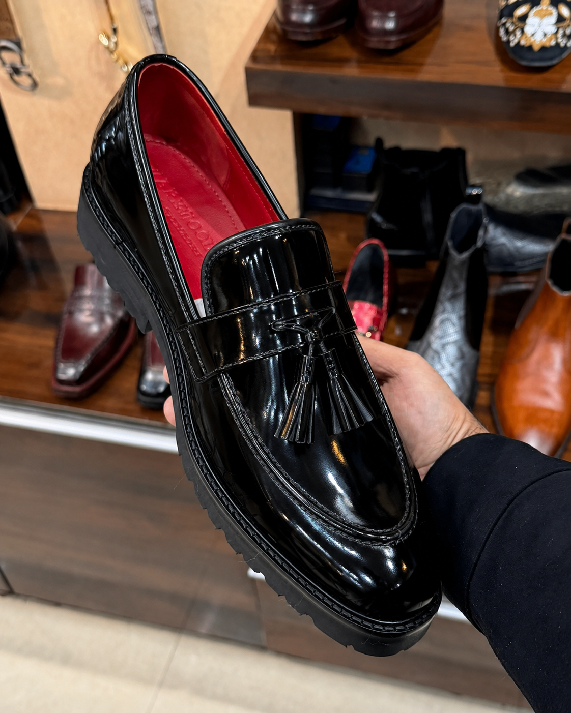 Black Patent Chunky Tassel Loafers