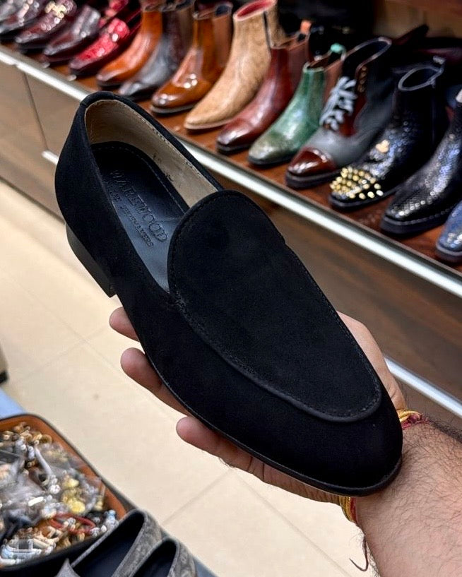 Black Suede Belgian Loafers with Beige Lining