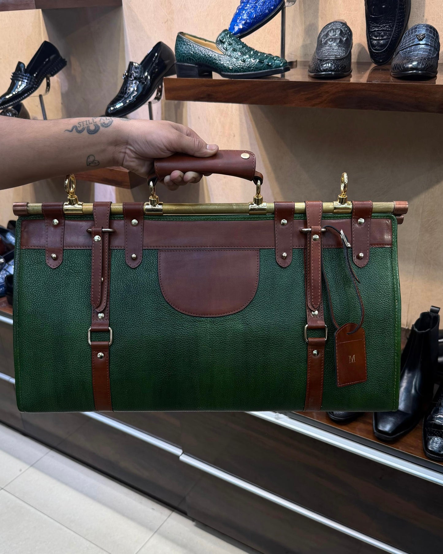 Green And Brown Duffle Bag With Zip Lock