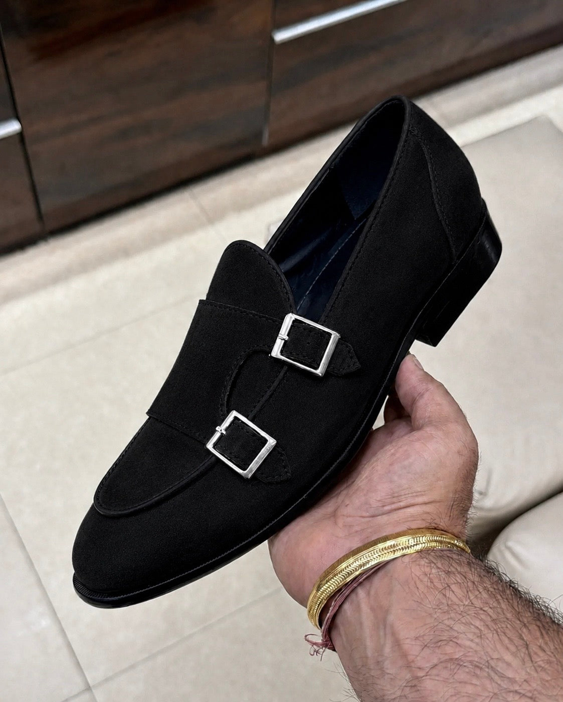 Black Suede Double Monk Strap Loafers
