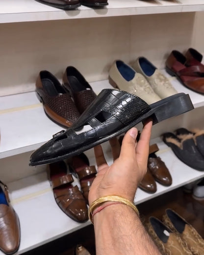Black Crocodile Scaled Mules