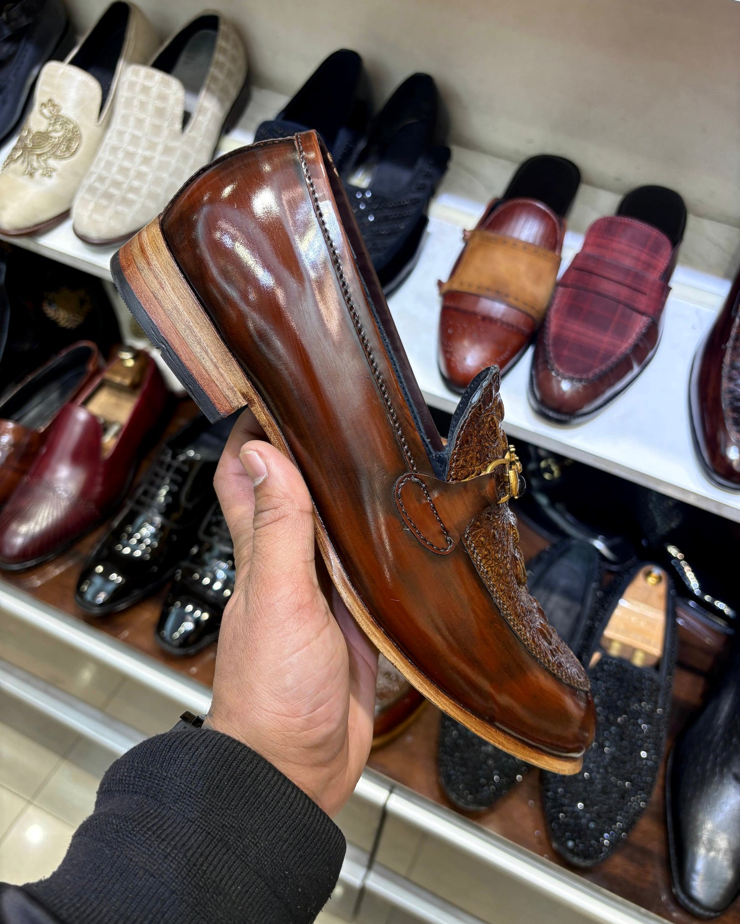 Exotic Burnished Brown Alligator Scaled Horsebit Loafers