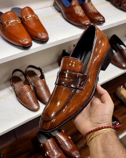 Mirror Gloss Burnished Tan Penny Loafers