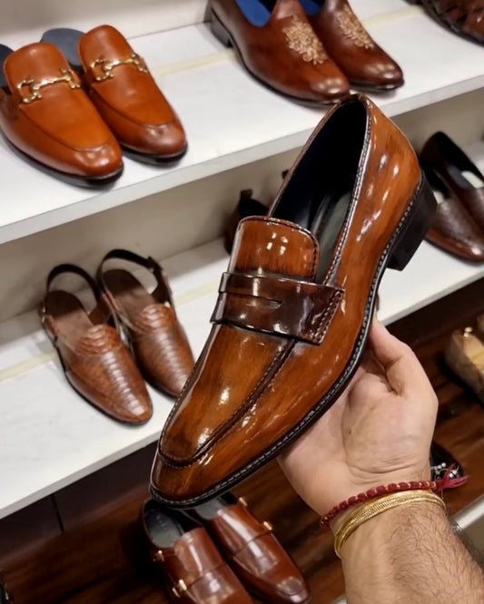 Mirror Gloss Burnished Tan Penny Loafers