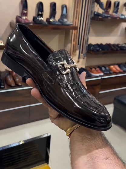 Brown Patent Croc Brush Off Leather Moccasins