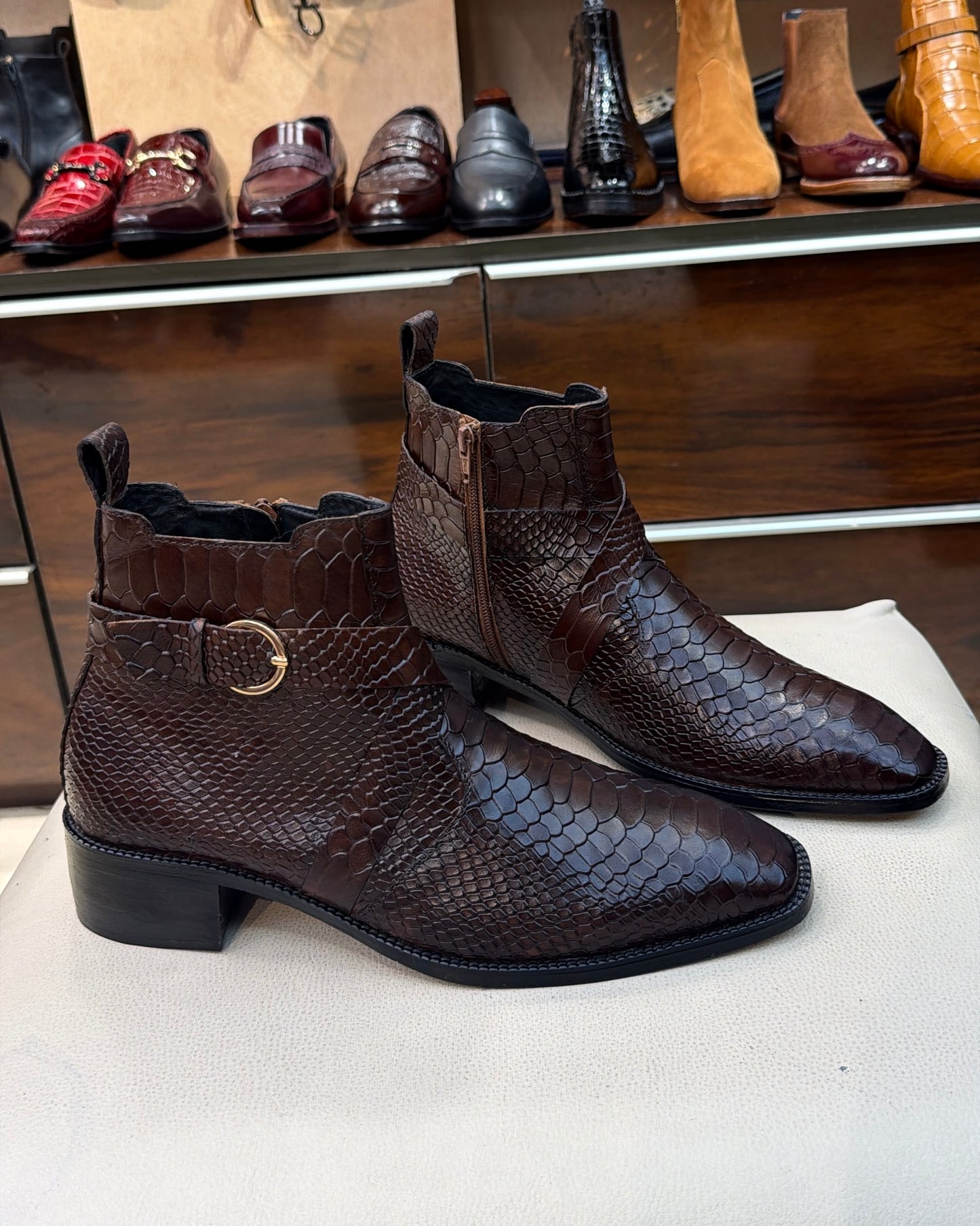 Dark Brown Cobra Scaled Zip Boots With 1.5 Inch Heel